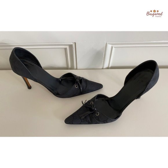 Authentic GUCCI Vintage Black GG Monogram Canvas Leather D'ORSAY Heel Pumps 7.5 - Picture 10 of 15